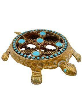 Brass Turtle Vtg Lipstick Holder Turquoise Stones Hollywood Regency Style